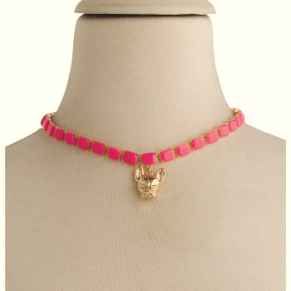 BETSEY JOHNSON Pink Crystal Frenchie Tennis Necklace